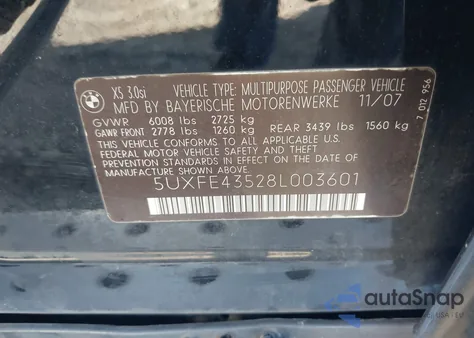 2008 BMW X5 3.0Si from USA, damaged, VIN 5UXFE43528L003601